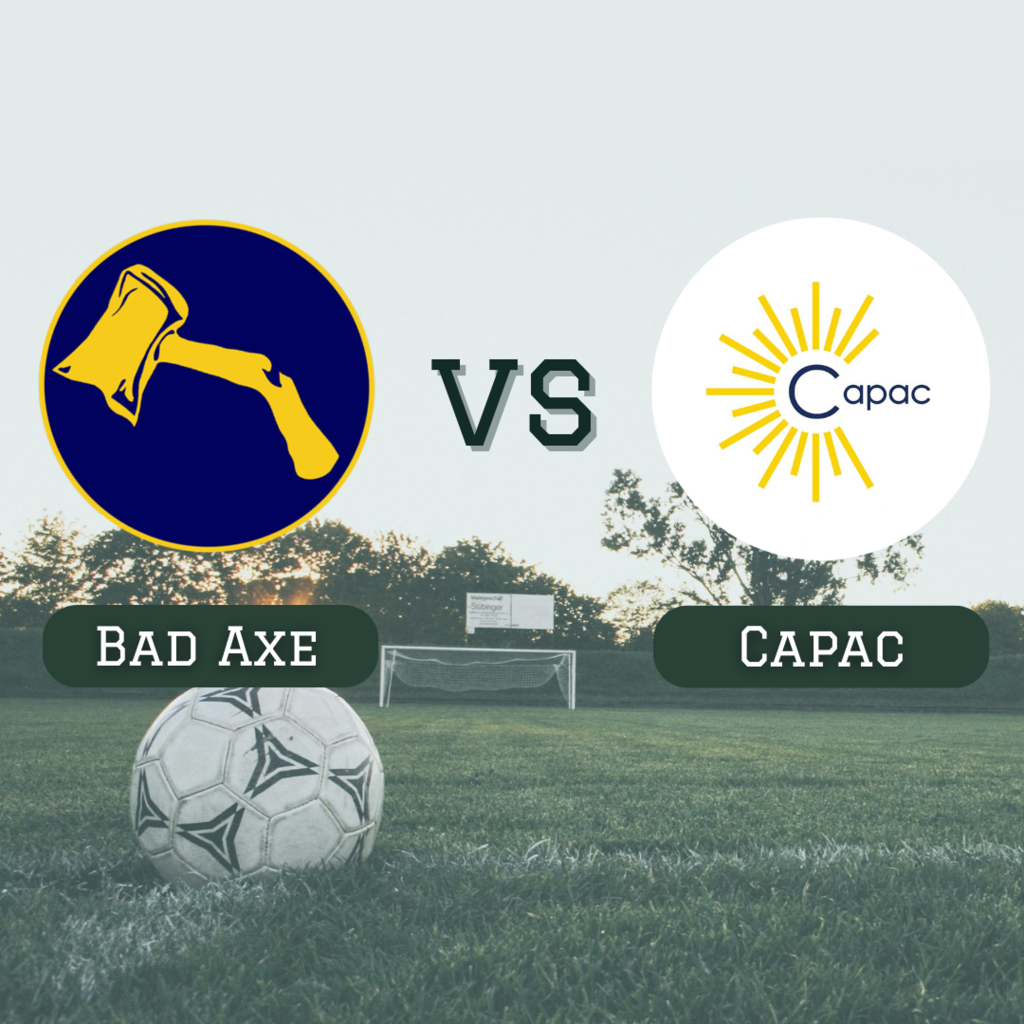 Bad Axe Hatchets logo versus Capac logo with soccer field in the background.