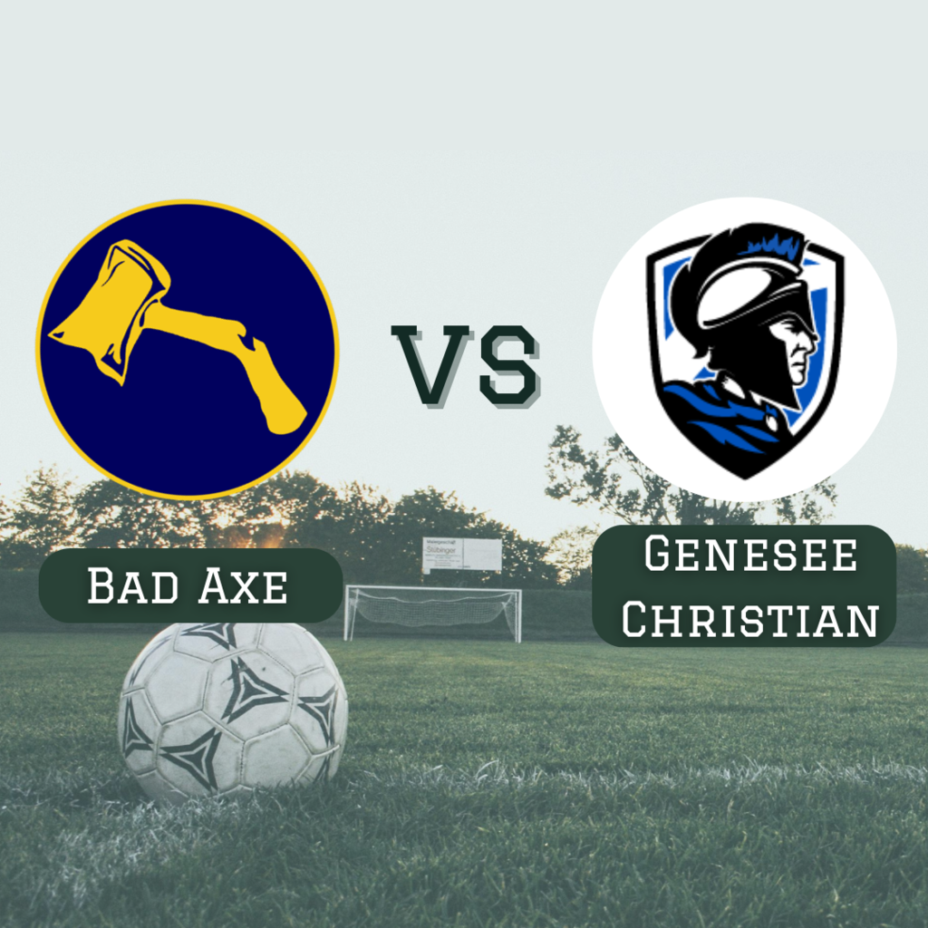 Bad Axe Hatchets logo versus Genesee Christian logo with soccer field in the background.