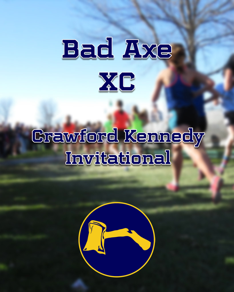 Bad Axe Cross-Country Crawford Kennedy Invitational with Hatchet logo and students running in background.