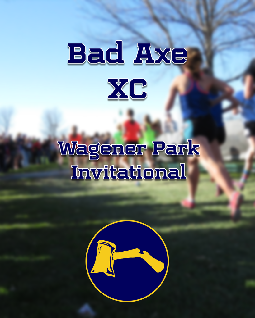 Bad Axe Cross-Country Waegner Park Invitational with Hatchet logo and students running in background.