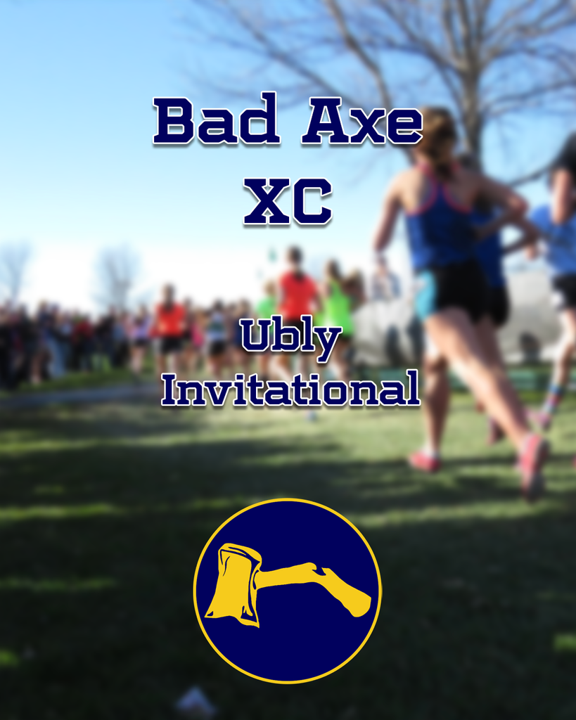 Bad Axe Cross-Country Ubly Invitational with Hatchet logo and students running in background.
