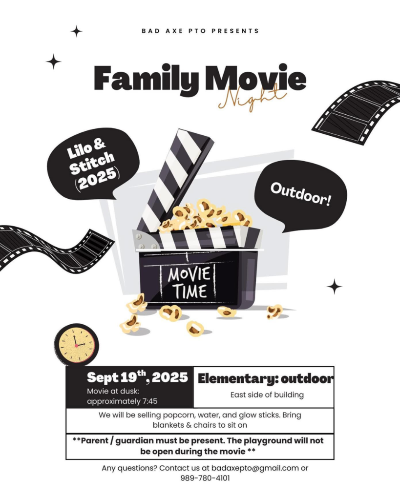 White background with black movie reel going across the page. Bad Axe PTO presents elementary movie night.