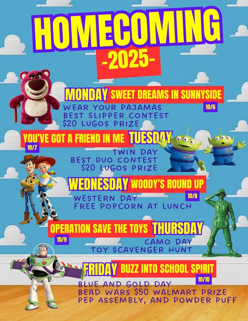 Dress-Up Days for 2025 Bad Axe High School Homecoming with clouds in the background, and Toy Story Characters.