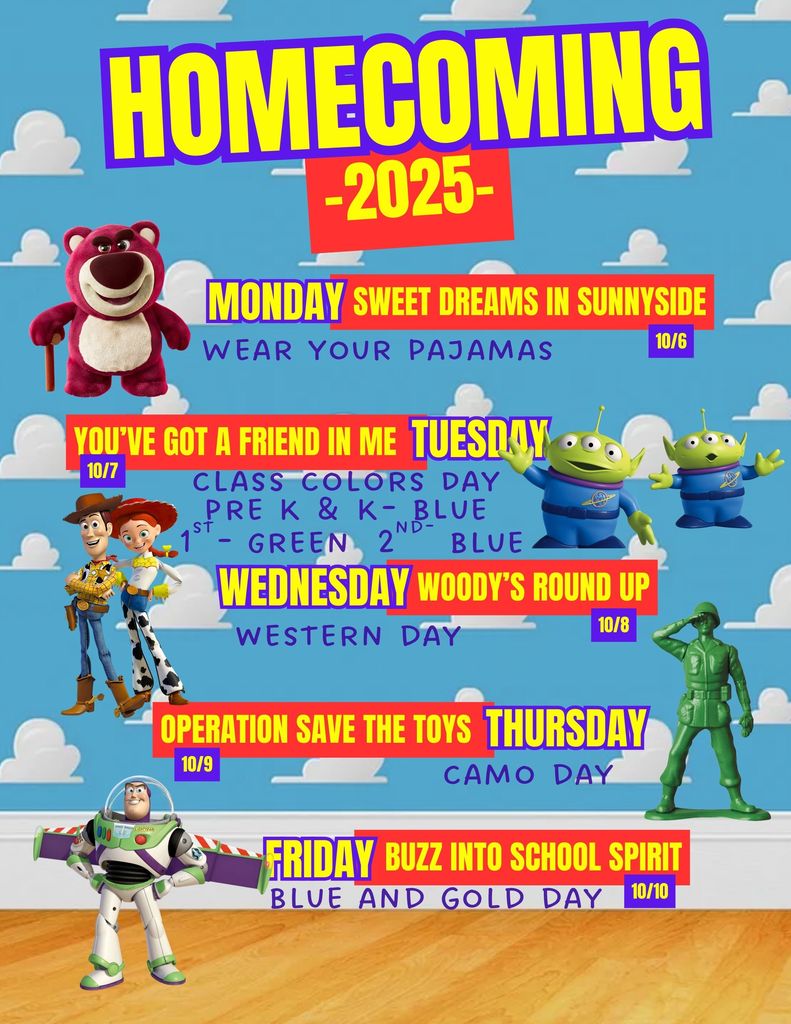 Dress-Up Days for 2025 Bad Axe Elementary School Homecoming with clouds in the background, and Toy Story Characters.
