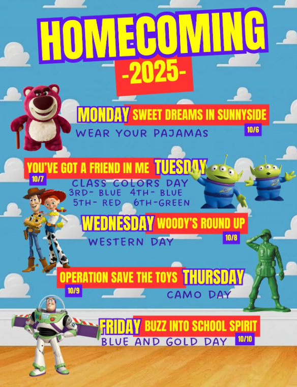 Dress-Up Days for 2025 Bad Axe Middle School Homecoming with clouds in the background, and Toy Story Characters.