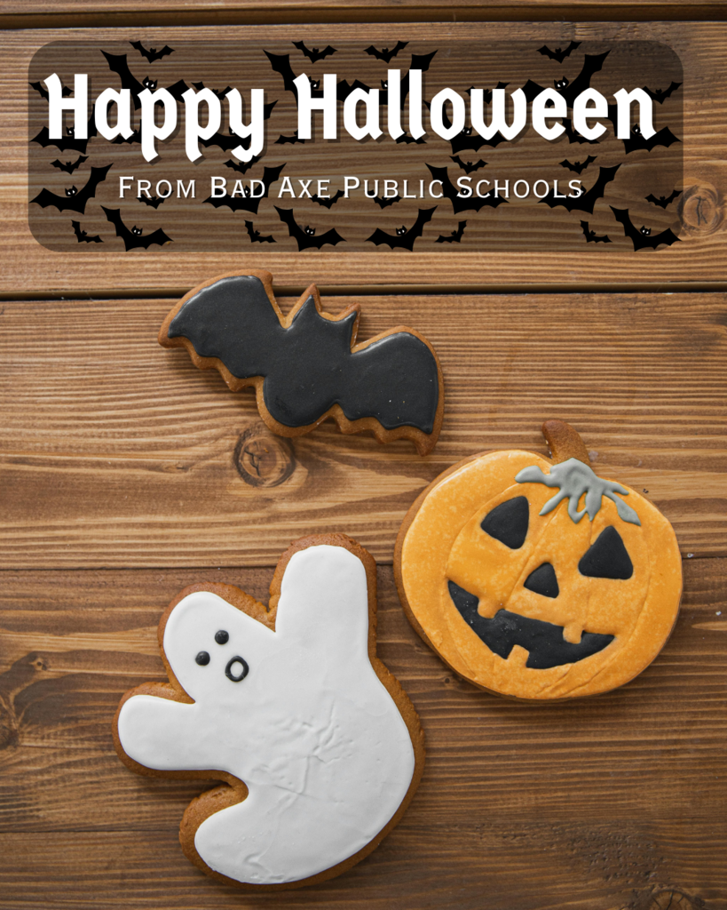 white ghost cookie, pumpkin cookie, and bat cookie with box that says, "Happy Halloween from Bad Axe Public Schools"