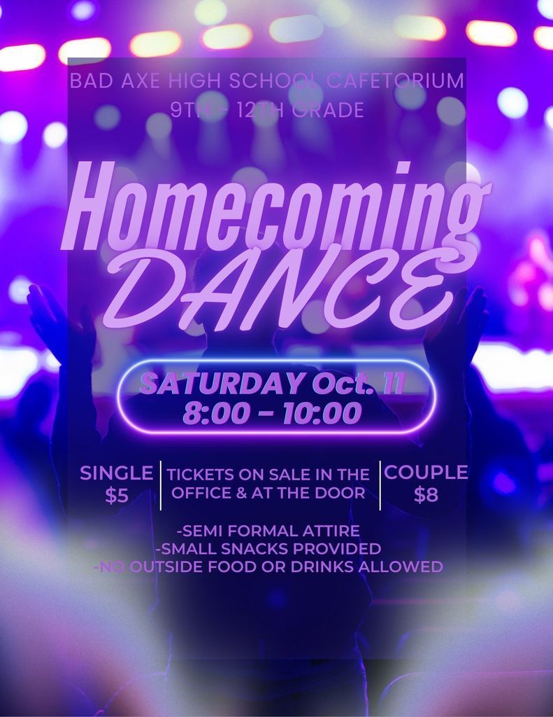 Homecoming Dance 2025. Saturday, October 11, 8-10 p.m. with purple disco lights in the background.