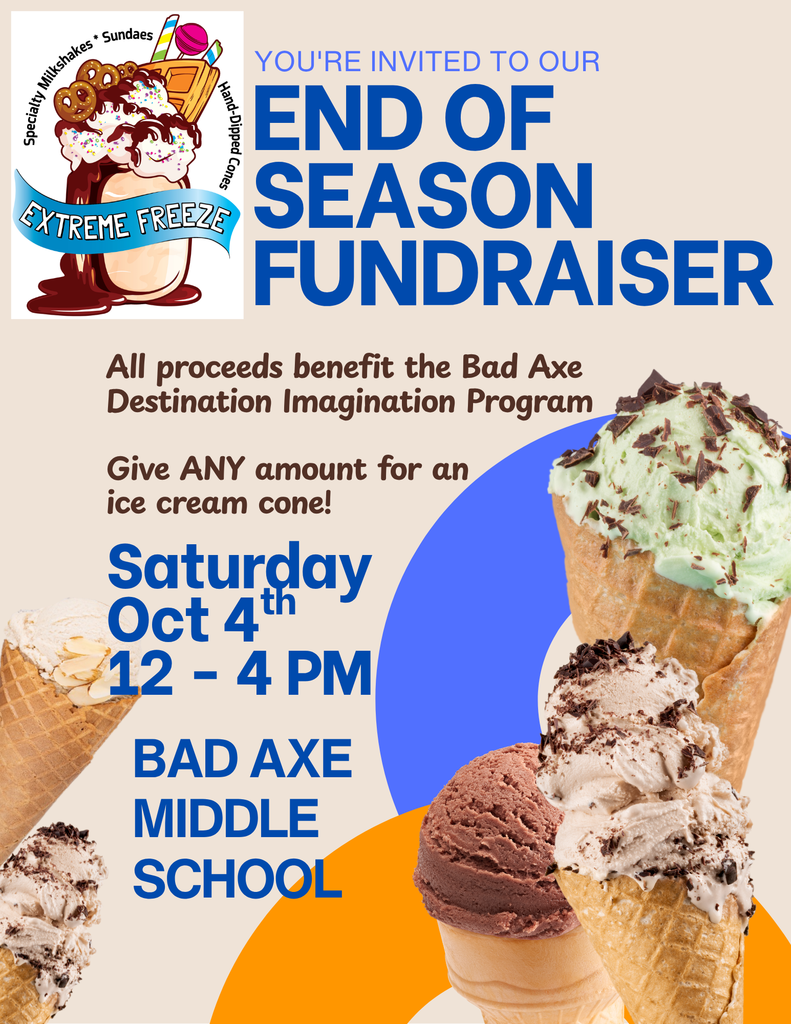 End of Season Ice Cream Fundraiser with ice cream cones in the background and bright orange circles.