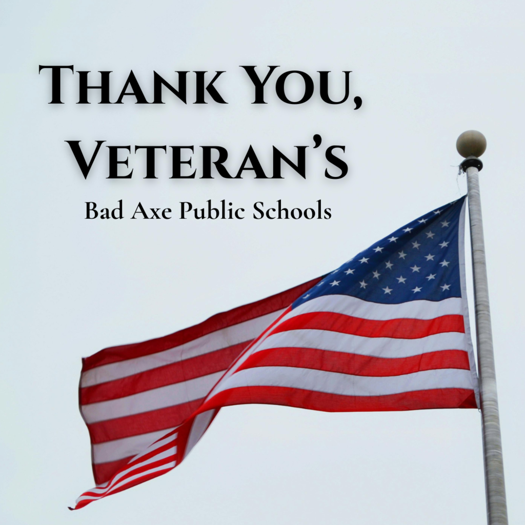 Says, "Thank You Veterans" with a blue sky and American Flag on a flag pole blowing in the wind.