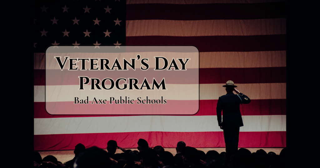 Says, "Veteran's Day Program Bad Axe Public Schools" with American flag and soldiers saluting in the background.
