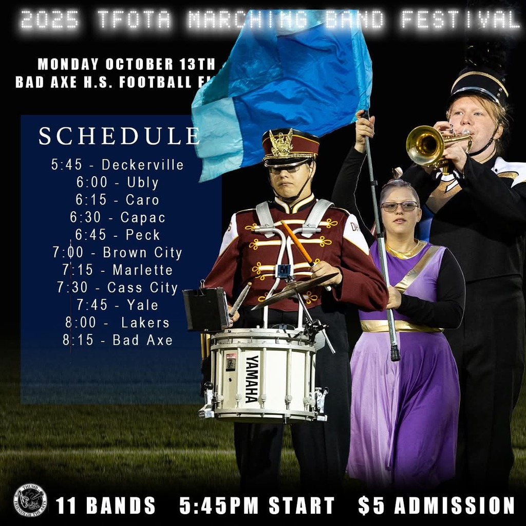 Football field with Marching band students playing snare drum, trumpet, and color guard.