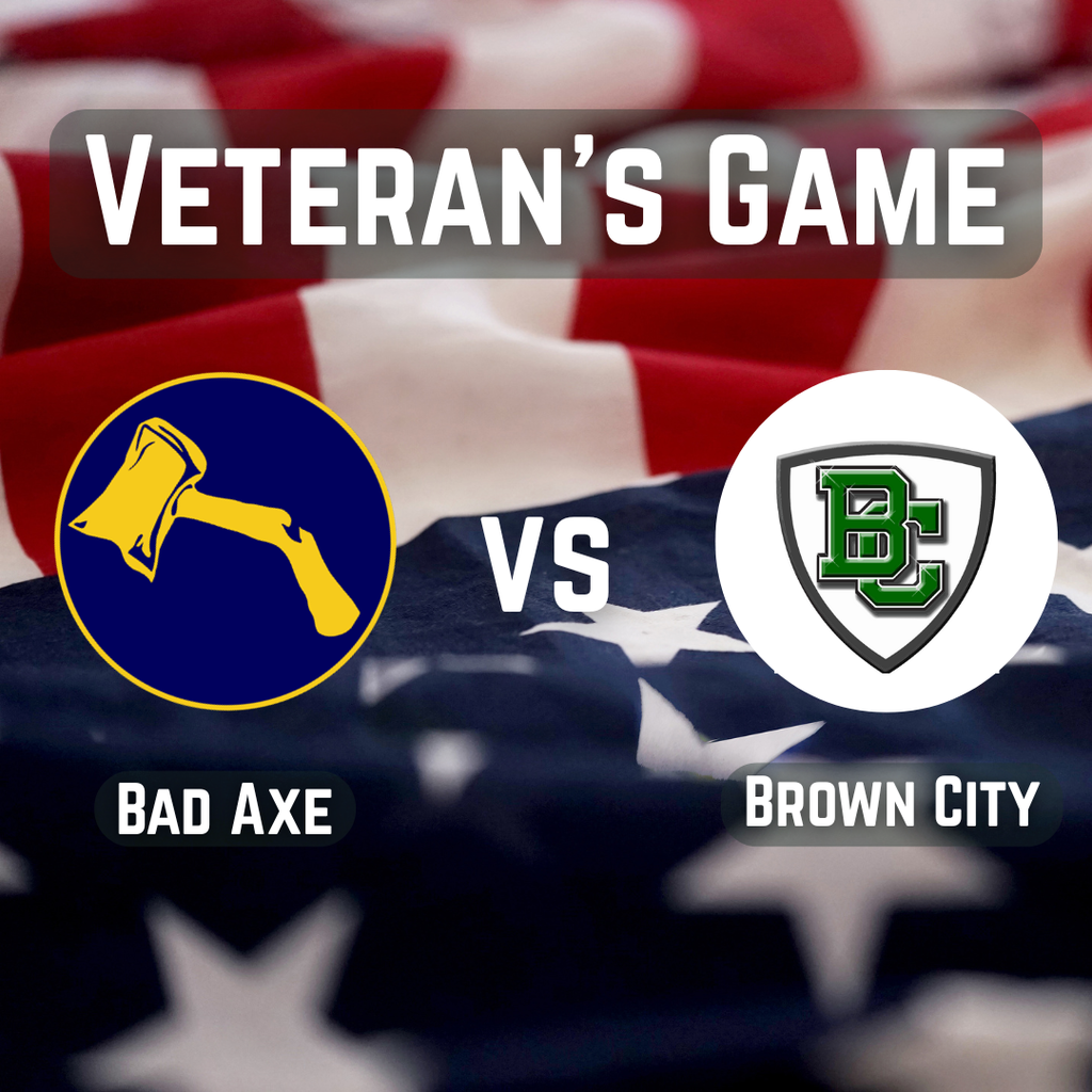 American flag in the background with Hatchet logo versus Brown City Devils logo