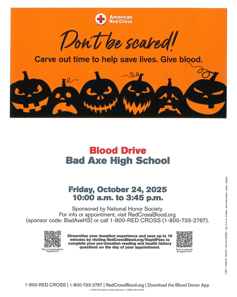 Orange background with Pumpkin that says, "Don't be Scared. Carve out time to help save lives and give blood."