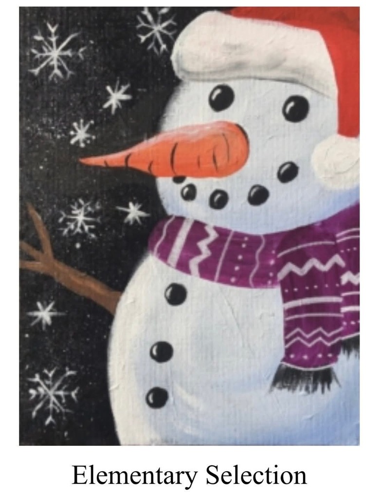 Painting of a snowman wearing a purple scarf with a black background and snowflakes - elementary selection.