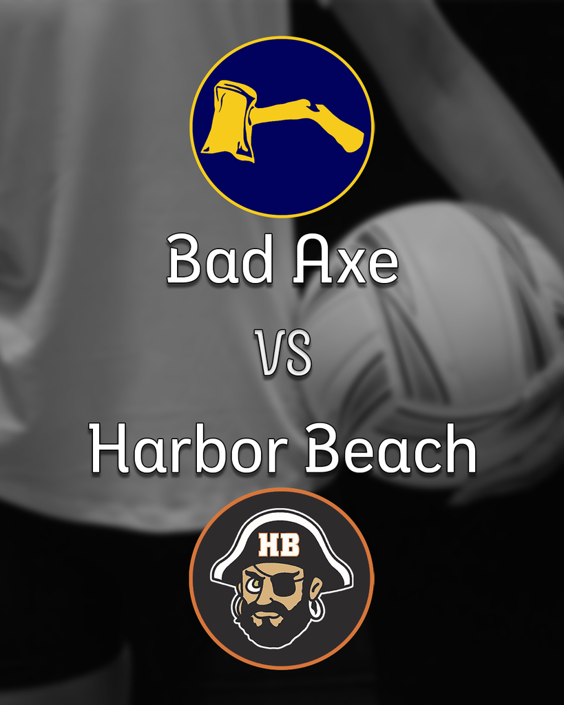 Girl about to serve the volleyball in the background with the Bad Axe Hatchets logo v.s. the Harbor Beach Pirates logo.