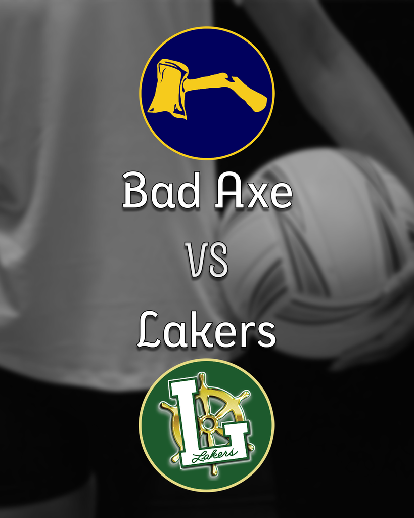 Girl about to serve the volleyball in the background with the Bad Axe Hatchets logo v.s. EPBP Lakers logo