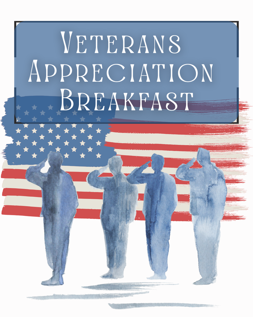 Silhouette of Veterans saluting the American flag. Says "Veterans Appreciation Breakfast".