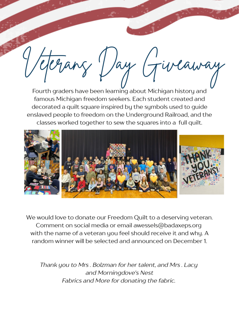Veterans Day Giveaway with American flag in the background and pictures of Mrs. Wessels fourth grade class holding up a handmade quilt for a special Veteran.