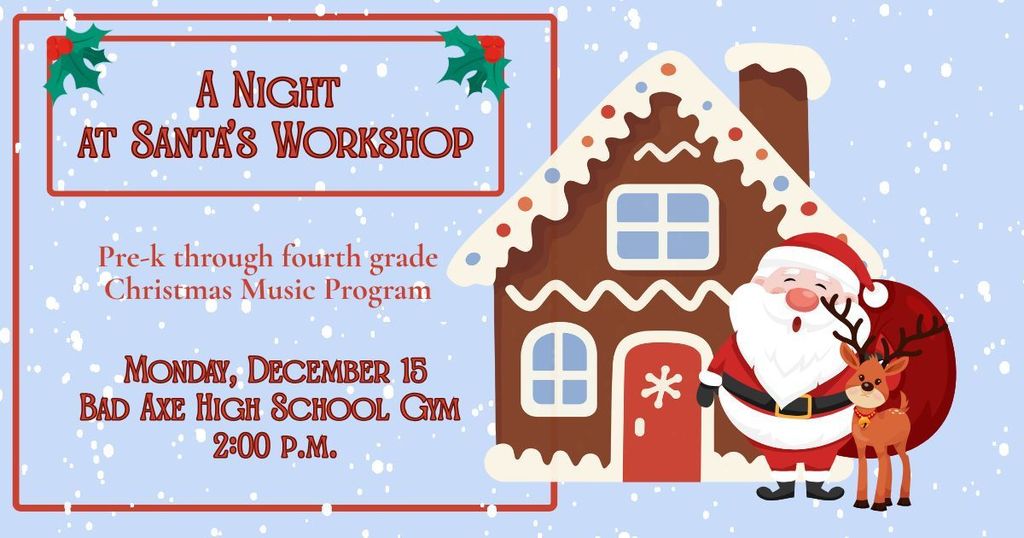 A picture of Santa's gingerbread workshop and Santa and a reindeer standing in front of it.