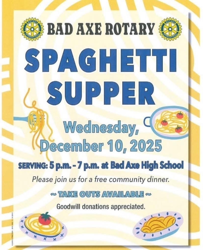Yellow background with plates of spaghetti. Top says, "Bad Axe Rotary Club Spaghetti Supper". 