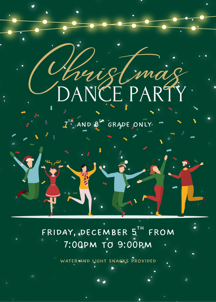 Green and White Simple Dance Party Christmas Event Invitation with Christmas lights and people dancing.