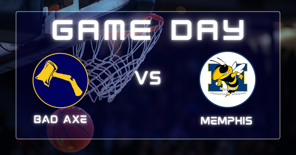 Basketball hoop & basketball in the background with the words, "Game Day" in the foreground with hatchet logo v.s. Memphis logo. 