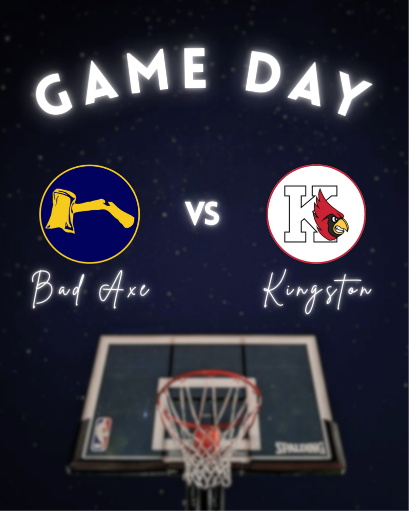 Basketball Hoop under the night sky that says, "Game Day" with the Hatchets v.s. Kingston logo
