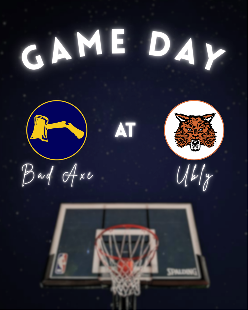 Basketball Hoop under the night sky that says, "Game Day" with the Hatchets v.s. Ubly logo