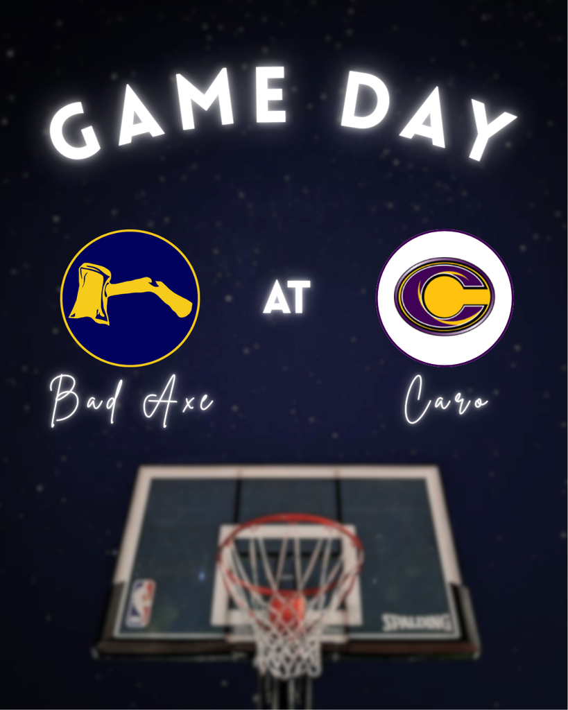 Basketball Hoop under the night sky that says, "Game Day" with the Hatchets v.s. Caro logo