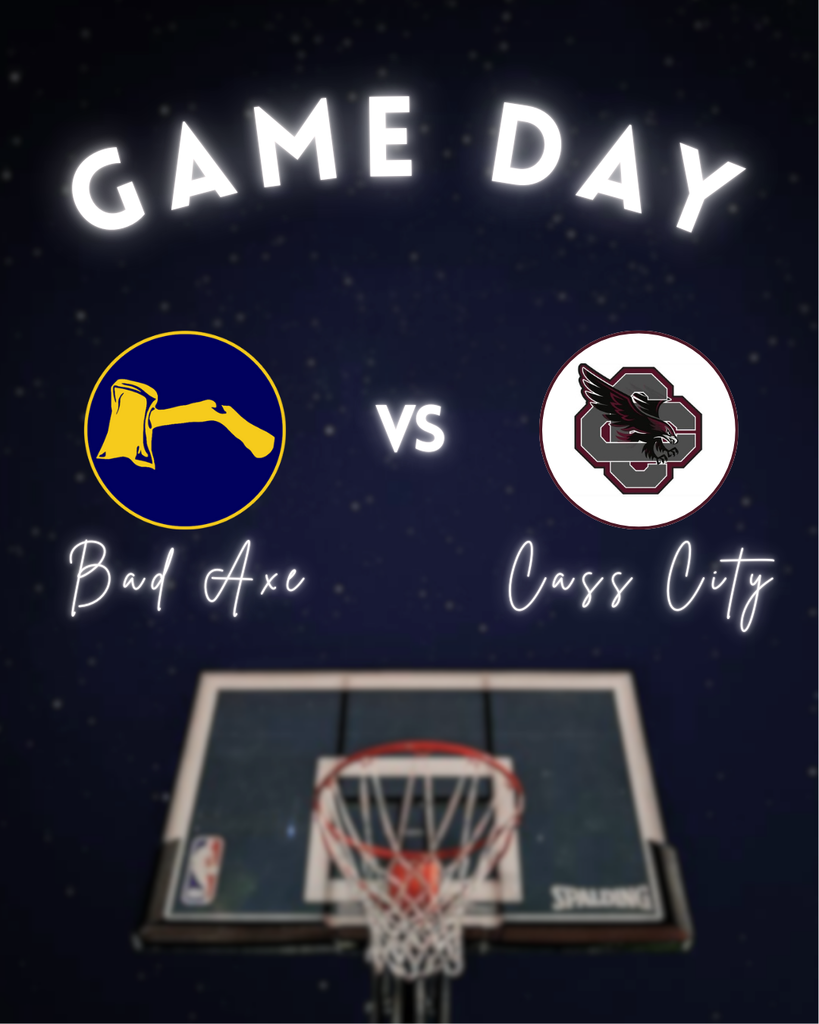 Basketball Hoop under the night sky that says, "Game Day" with the Hatchets v.s. Cass City logo