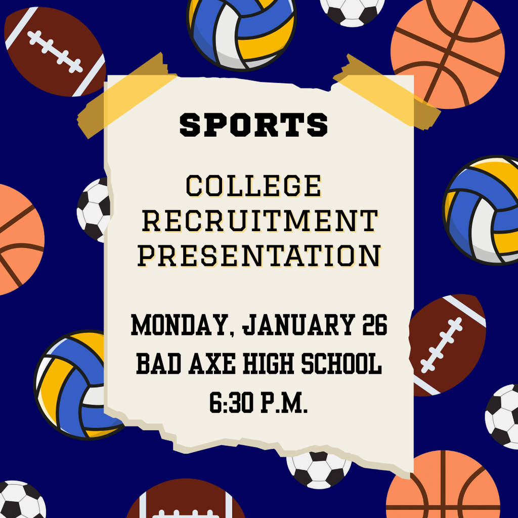 basketball, volleyball, football, and soccer ball in the background with a sticky note that says, "SPORTS: College recruitment presentation"