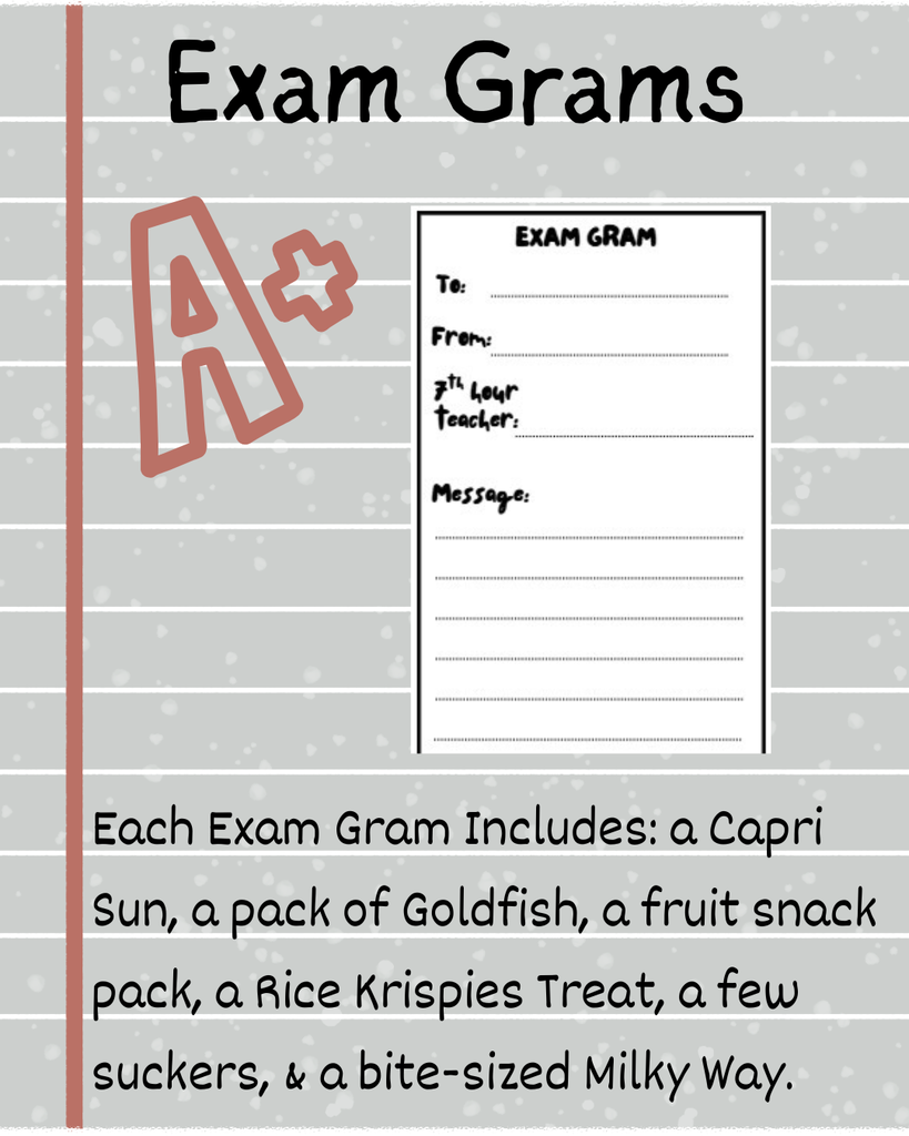 A piece of ruled paper with an "A+" on it that says "Exam Grams".