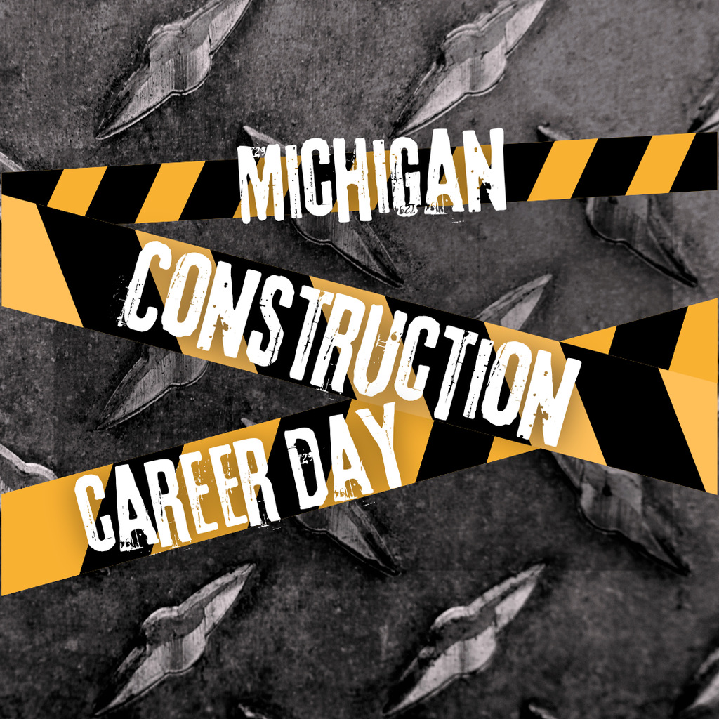 Metal Toolbox in the background with construction tape that says, Michigan Construction Career Day".