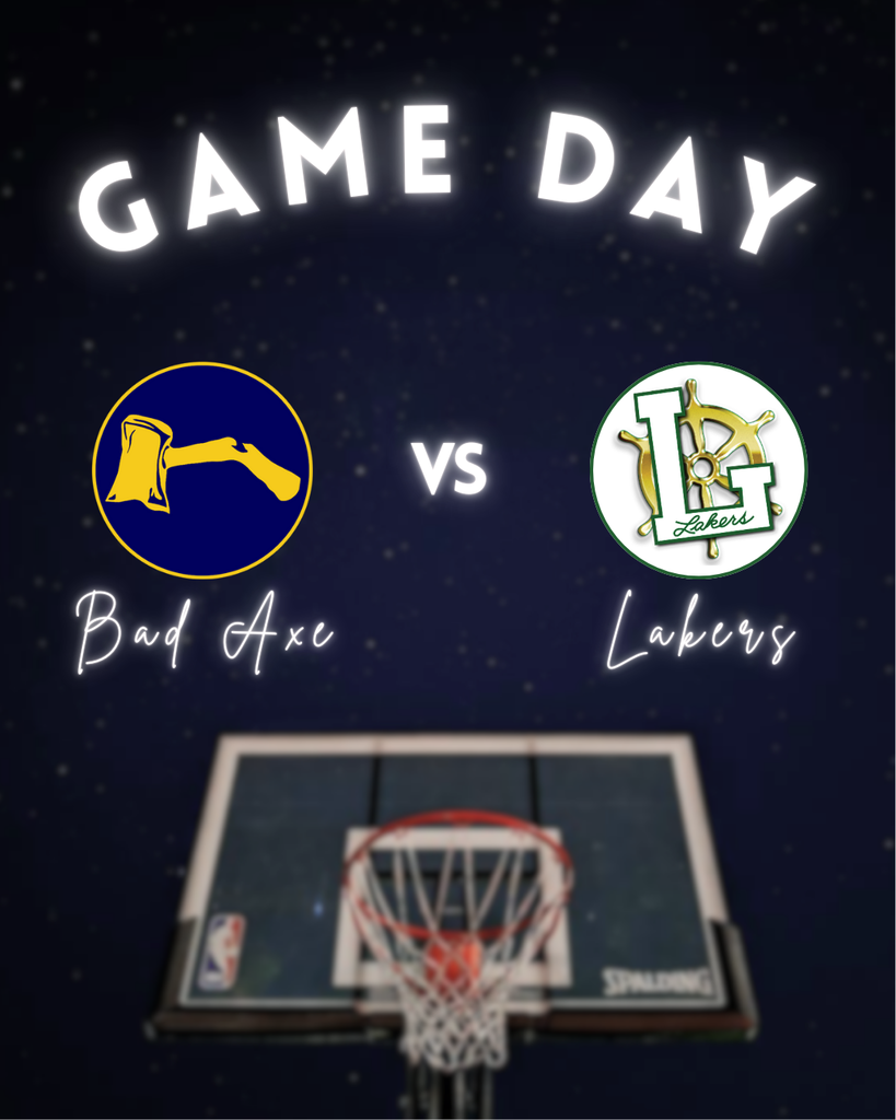 Basketball hoop & basketball in the background with the words, "Game Day" in the foreground with hatchet logo v.s. Lakers logo.