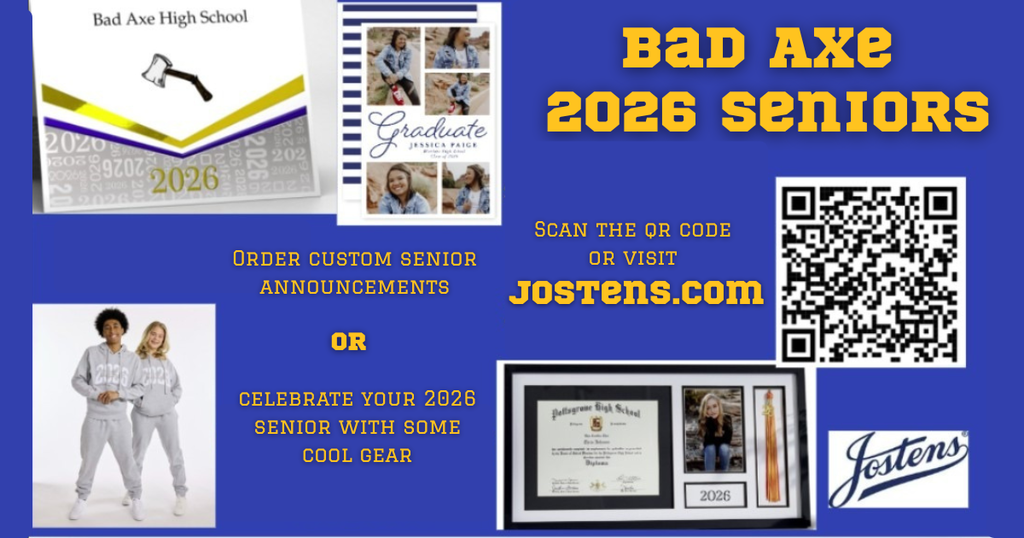 Bad Axe 2026 Seniors visit Jostens.com for custom senior announcements or cool gear.