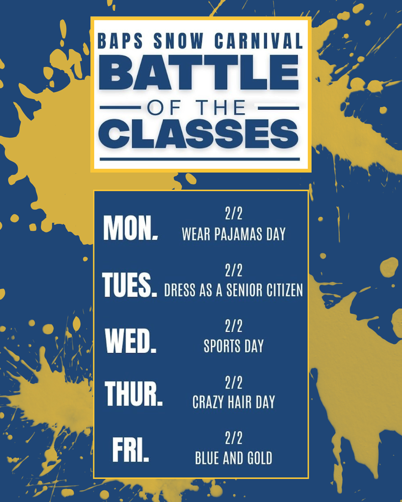 Poster, blue with yellow paint splotches, BAPS Snow Carnival