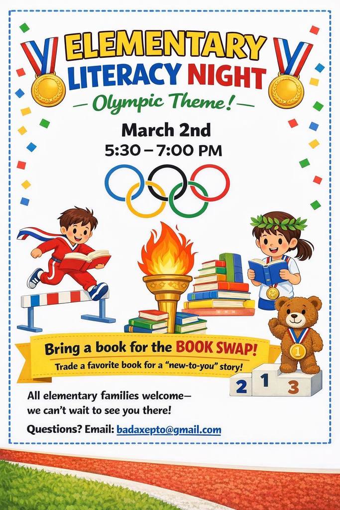 Says, "Elementary Literacy Night: Olympic Themed" with pictures of kids with medals and playing Olympic sports.