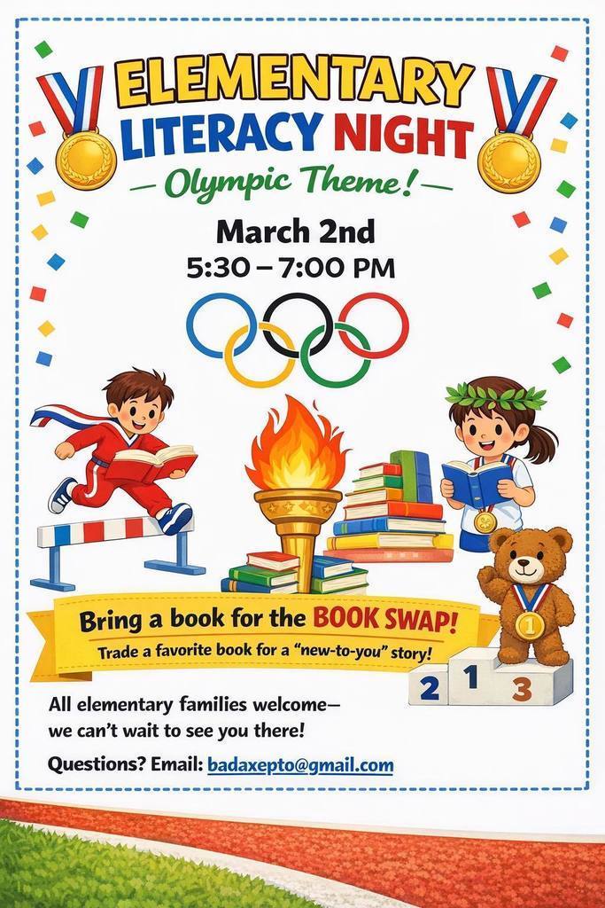 Says, "Elementary Literacy Night: Olympic Themed" with pictures of kids with medals and playing Olympic sports.