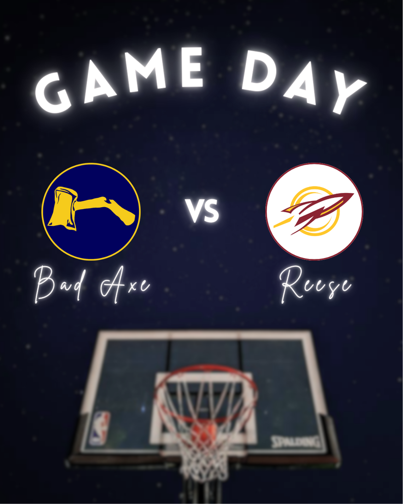 Basketball hoop & basketball in the background with the words, "Game Day" in the foreground with hatchet logo v.s. Reese logo. 