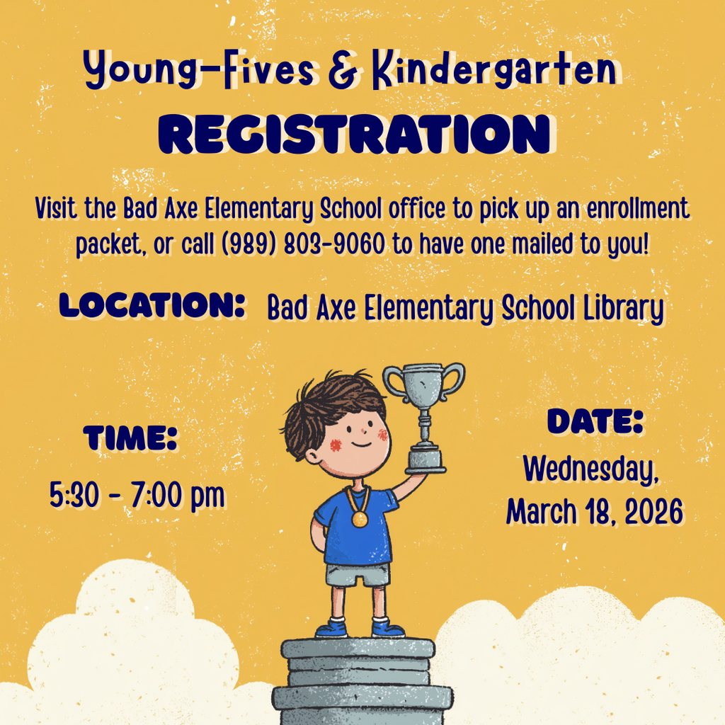 Bad Axe Public Schools Kindergarten Roundup with yellow background and a young boy holding a trophy.