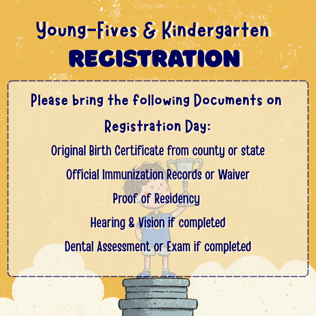 Bad Axe Public Schools Kindergarten Roundup with yellow background and a young boy holding a trophy. 