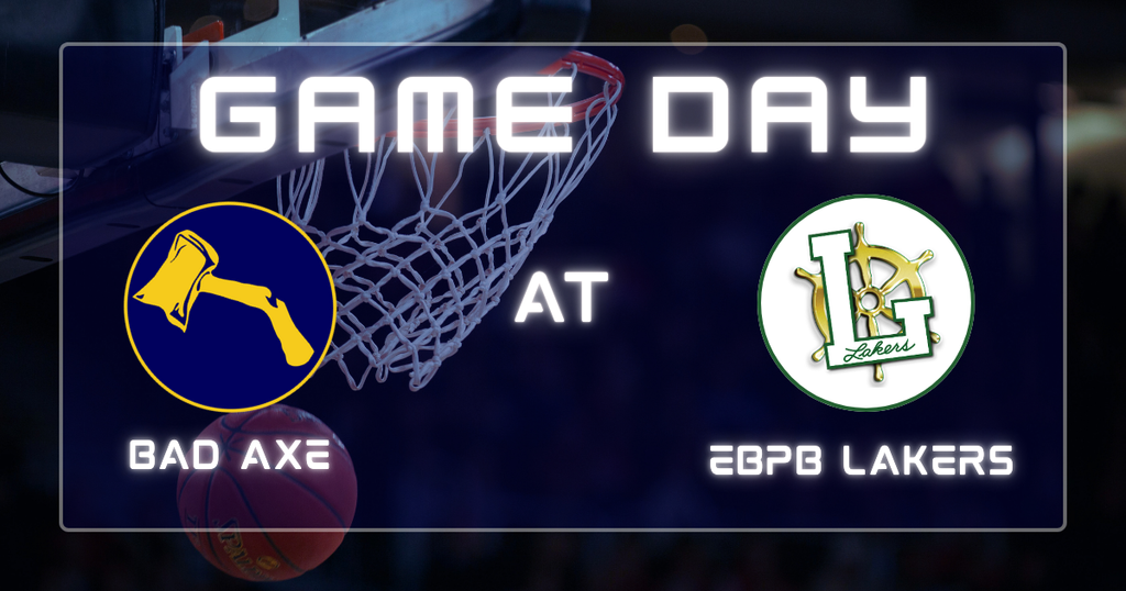 Basketball hoop & basketball in the background with the words, "Game Day" in the foreground with hatchet logo v.s. Lakerslogo.