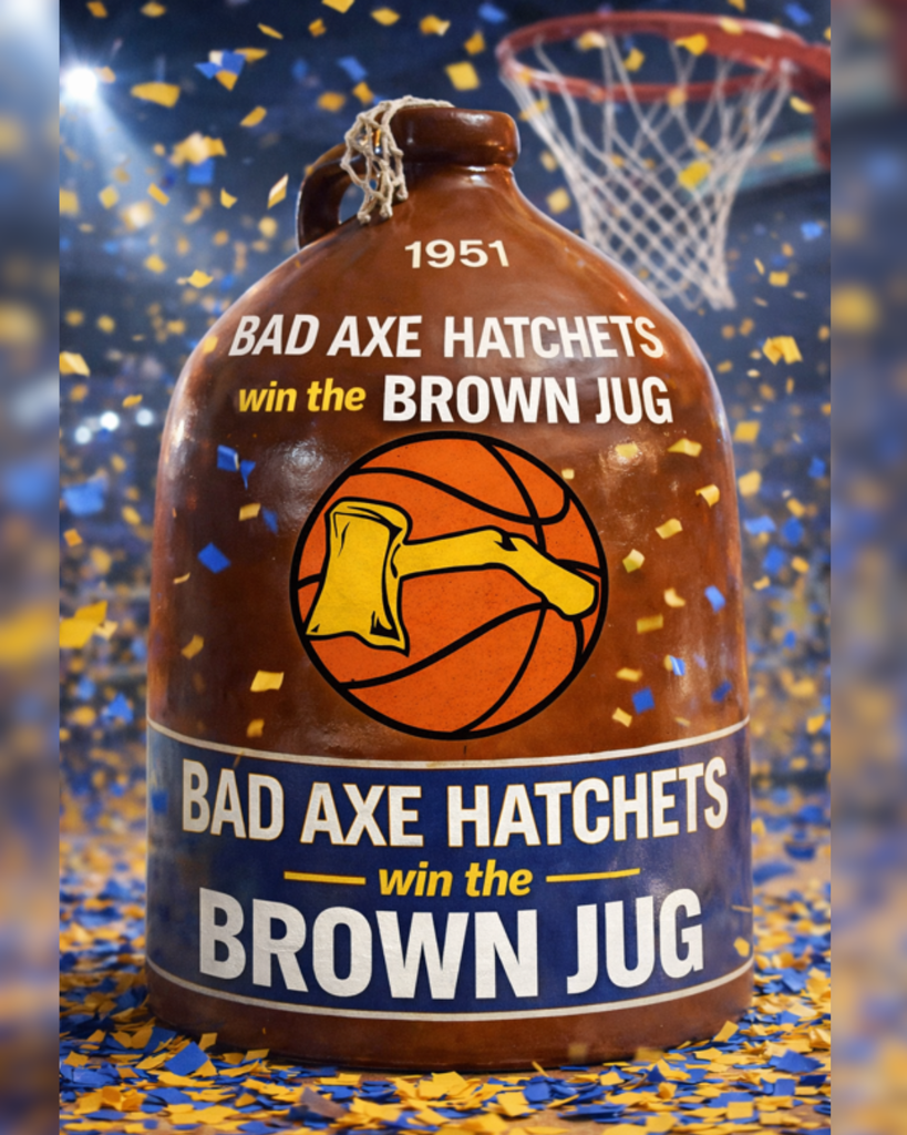 Picture of the brown jug with blue & yellow confetti in the background.