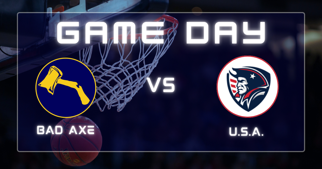 Basketball hoop & basketball in the background with the words, "Game Day" in the foreground with hatchet logo v.s. U.S.A. logo.