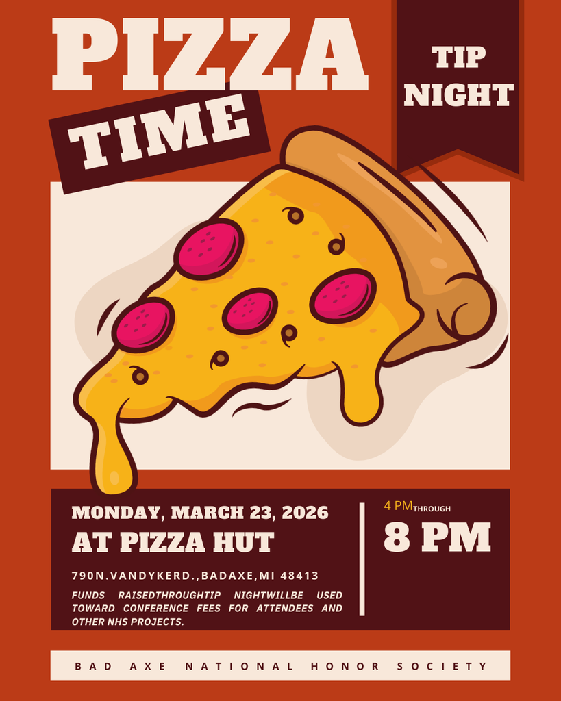 Pizza Hut Tip Night at the Bad Axe Pizza Hut with a drawing of a piece of pizza.