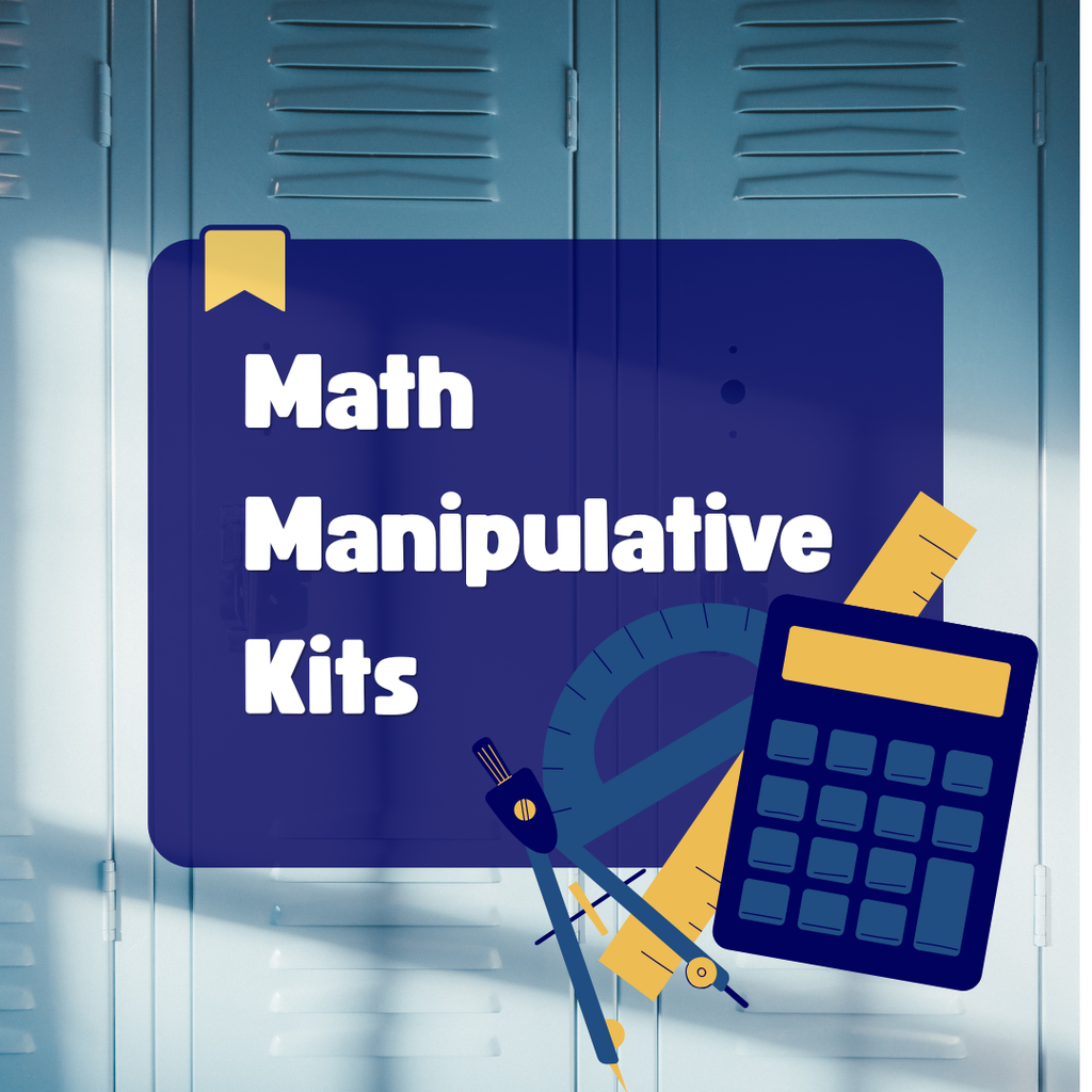 Math Manipulative Kits with lockers in the background and a computer and ruler in the front. 