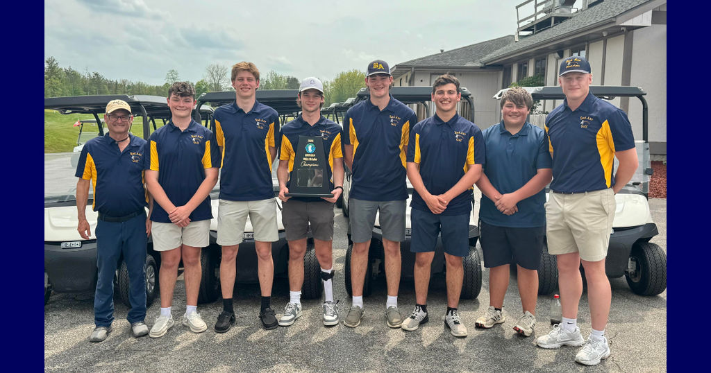 2026 Boys Golf Team clutches the 1st place conference trophy.