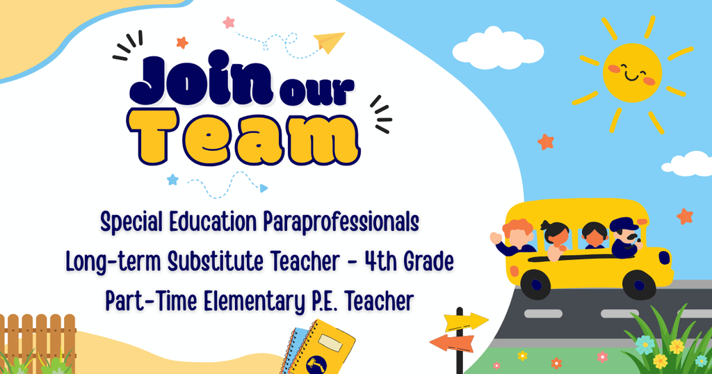 Join our Team! With a school bus in the background.
