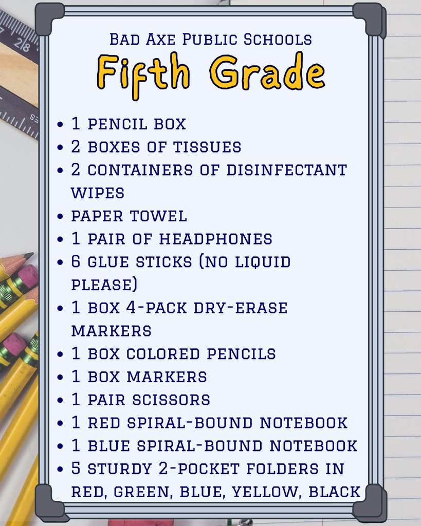 Bad Axe Public Schools Supply List 2025-2026