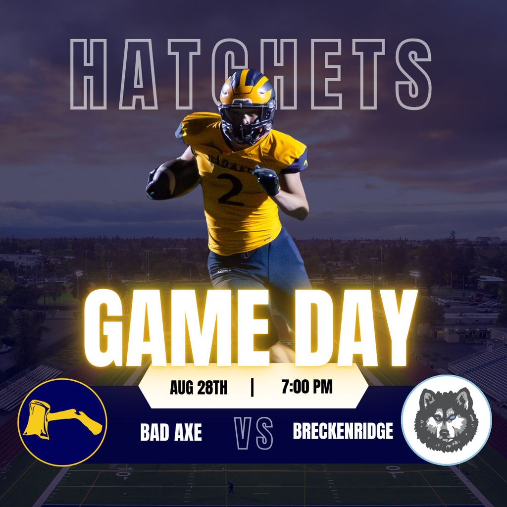 Football Game Day Graphic, Player in Yellow Jersey Running, Bad Axe vs Breckenridge